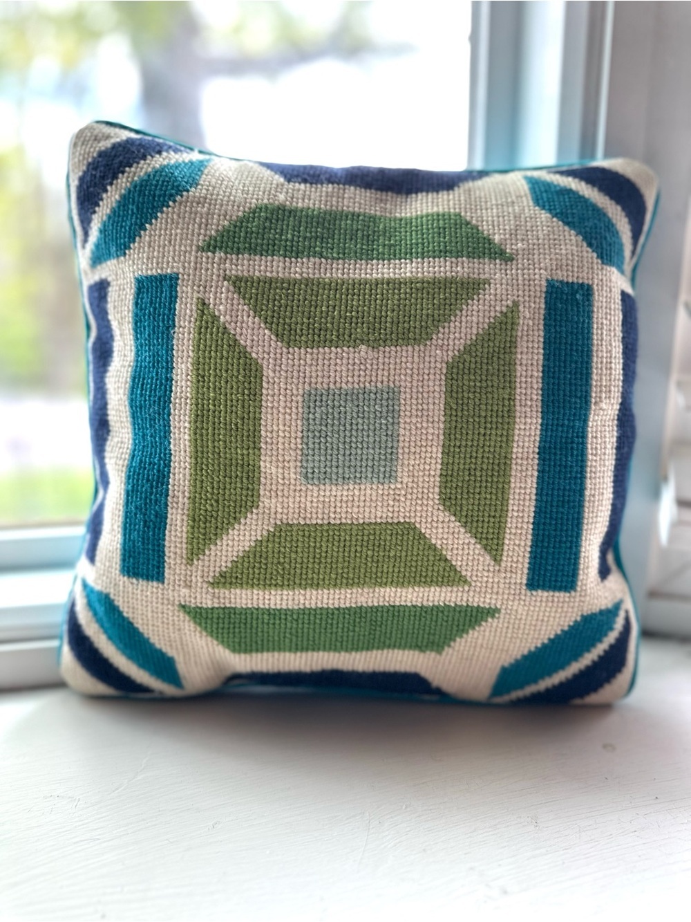Trina Turk Wool Needlepoint Pillow Geometric Mod Coastal Blue Green 12x12